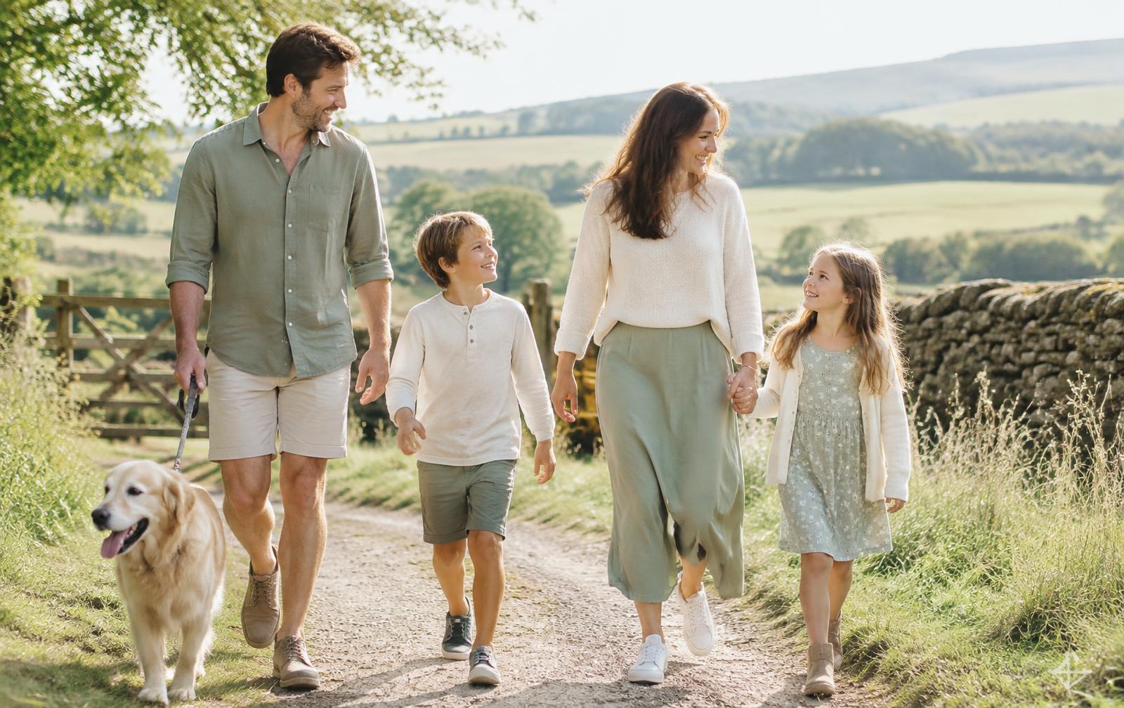A family walking together with their dog along a sunny countryside path