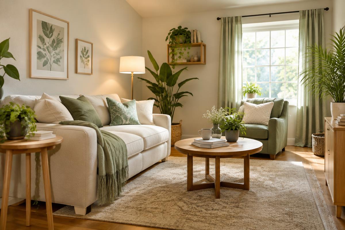 A bright, cozy living room with plants and natural light